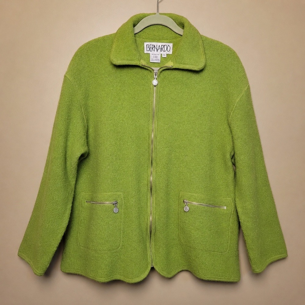 Bernardo Vintage Lime Green 100% Boiled Wool‎ Full Zip Scalloped Hem Jacket XL